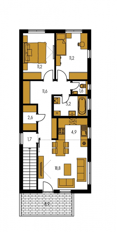 Pôdorys Poschodia - Murovaný dom s dvoma bytovými jednotkami a samostatnými vstupmi.