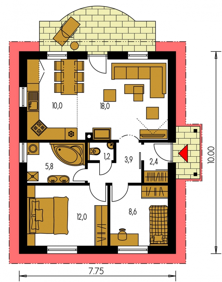 Pôdorys Prízemia - Obľúbený murovaný rodinný  dom na malý pozemok s tromi izbami a sedlovou strechou.