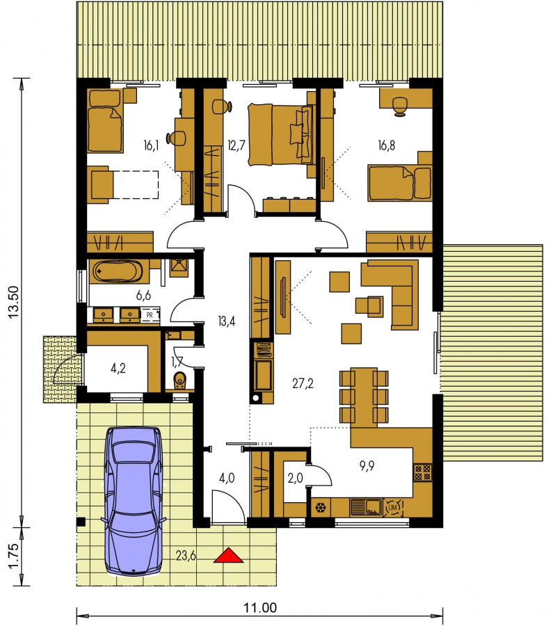 Pôdorys Prízemia - Moderný 4-izbový murovaný rodinný dom s plochou strechou. Možnosť realizácie s valbovou, alebo sedlovou strechou.