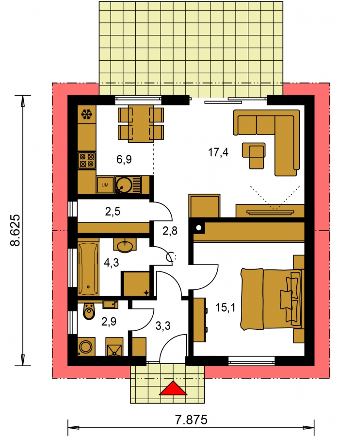 Pôdorys Prízemia - Malý dvojizbový rodinný domček vhodný aj ako rekreačný dom. Jednoduchý a lacný na výstavbu.