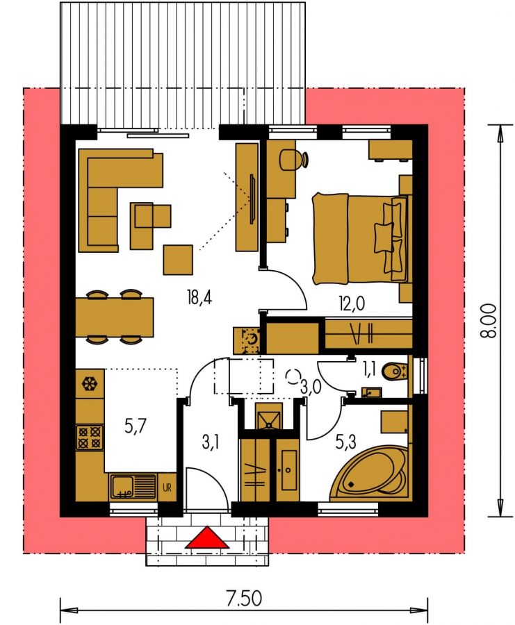 Pôdorys Prízemia - Jednoduchý dvojizbový bungalov. Obývacia izba je spojená s kuchyňou.