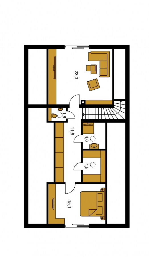 Pôdorys Poschodia - Prízemný rodinný dom s obytným podkrovím vhodný aj na užšie pozemky.