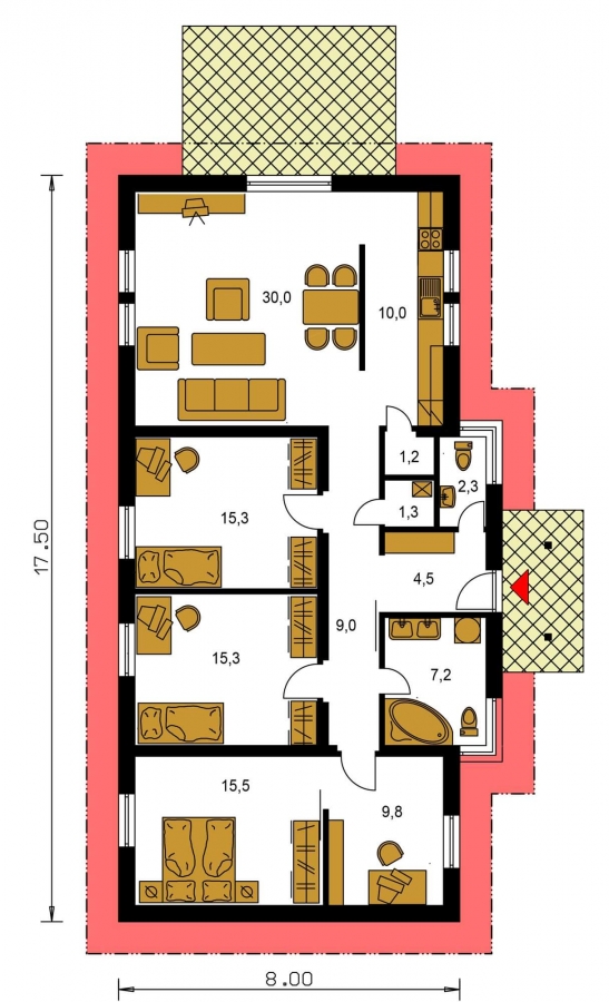 Pôdorys Prízemia - 4-izbový rodinný dom na úzky pozemok. 