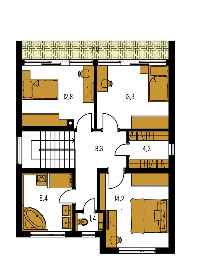 Pôdorys Poschodia - Poschodový rodinný dom s izbou aj na prízemí.