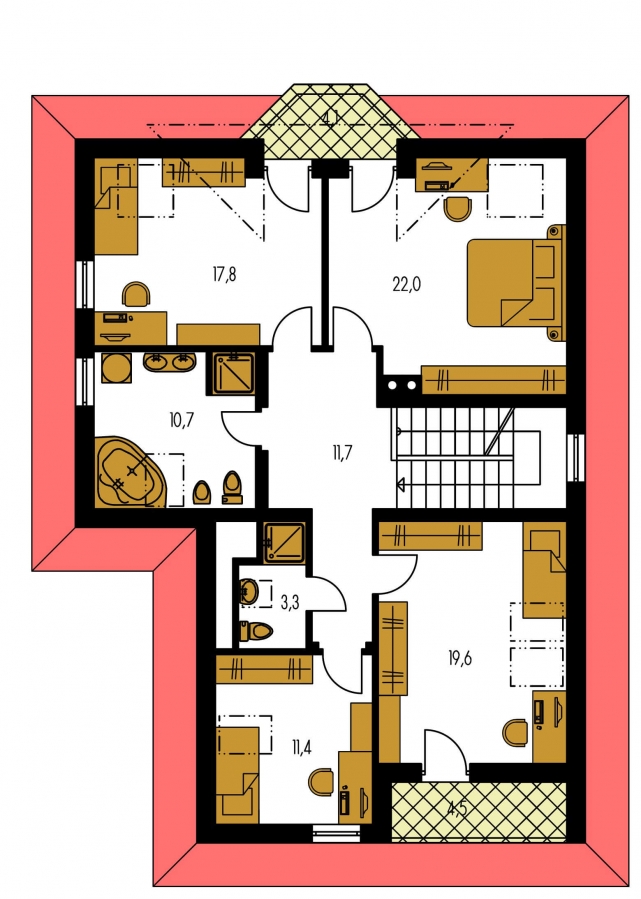 Pôdorys Poschodia - Rodinný dom podpivničený s obytným podkrovím. Možnosť realizovať ako dvojgeneračný rodinný dom.