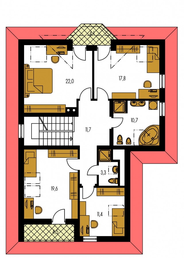 Pôdorys Poschodia - Rodinný dom podpivničený s obytným podkrovím. Možnosť realizovať ako dvojgeneračný rodinný dom.