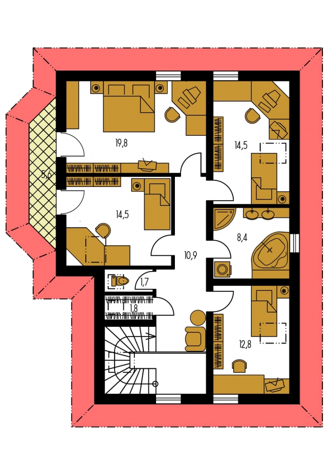Pôdorys Poschodia - Elegantný dom s podkrovím, garážou a izbou na prízemí. 