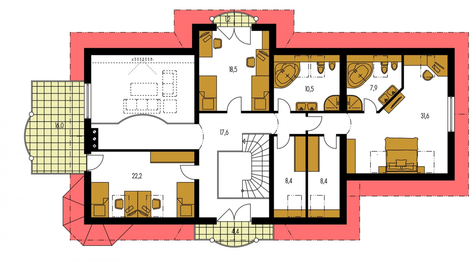Pôdorys Poschodia - Veľký podpivničený rodinný dom s dvojgarážou a sedlovou strechou. Možnosť dvojgeneračného bývania.