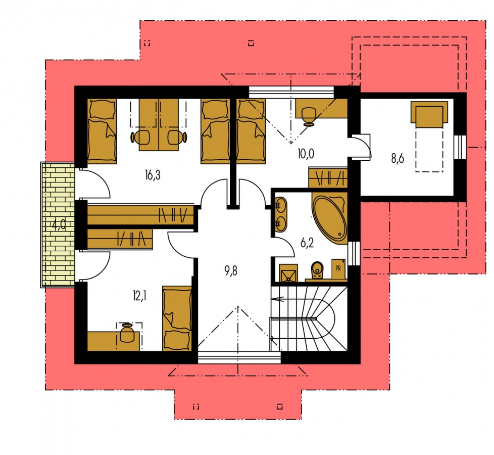 Pôdorys Poschodia - Malý 5-izbový dom s garážou.
