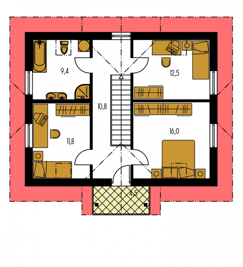 Pôdorys Poschodia - 6-izbový dom s jednou izbou v prízemí.