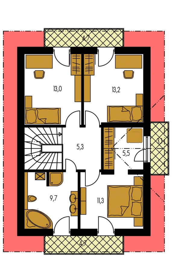 Pôdorys Poschodia - 4-izbový dom na úzky pozemok.