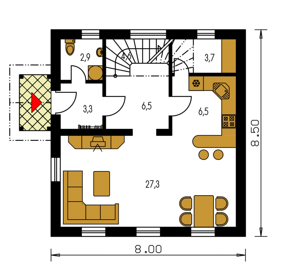 Pôdorys Prízemia - Menší 3-izbový podkrovný rodinný dom na užší pozemok, vhodný aj ako chata.