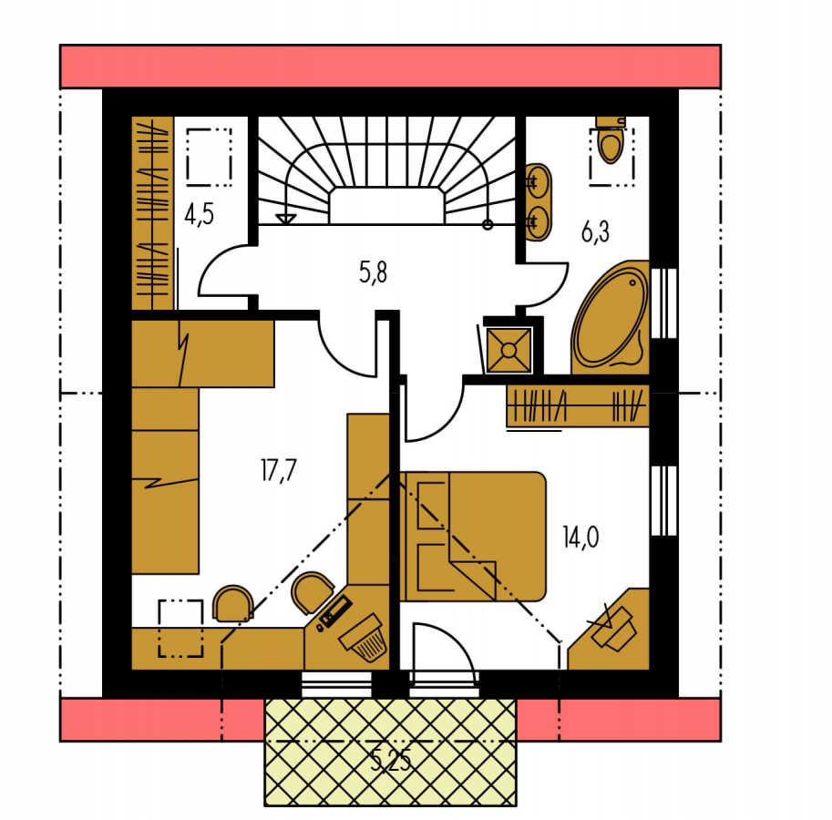 Pôdorys Poschodia - Menší 3-izbový podkrovný rodinný dom na užší pozemok, vhodný aj ako chata.