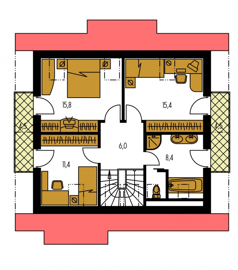 Pôdorys Poschodia - Klasický 4-izbový podkrovný rodinný dom.