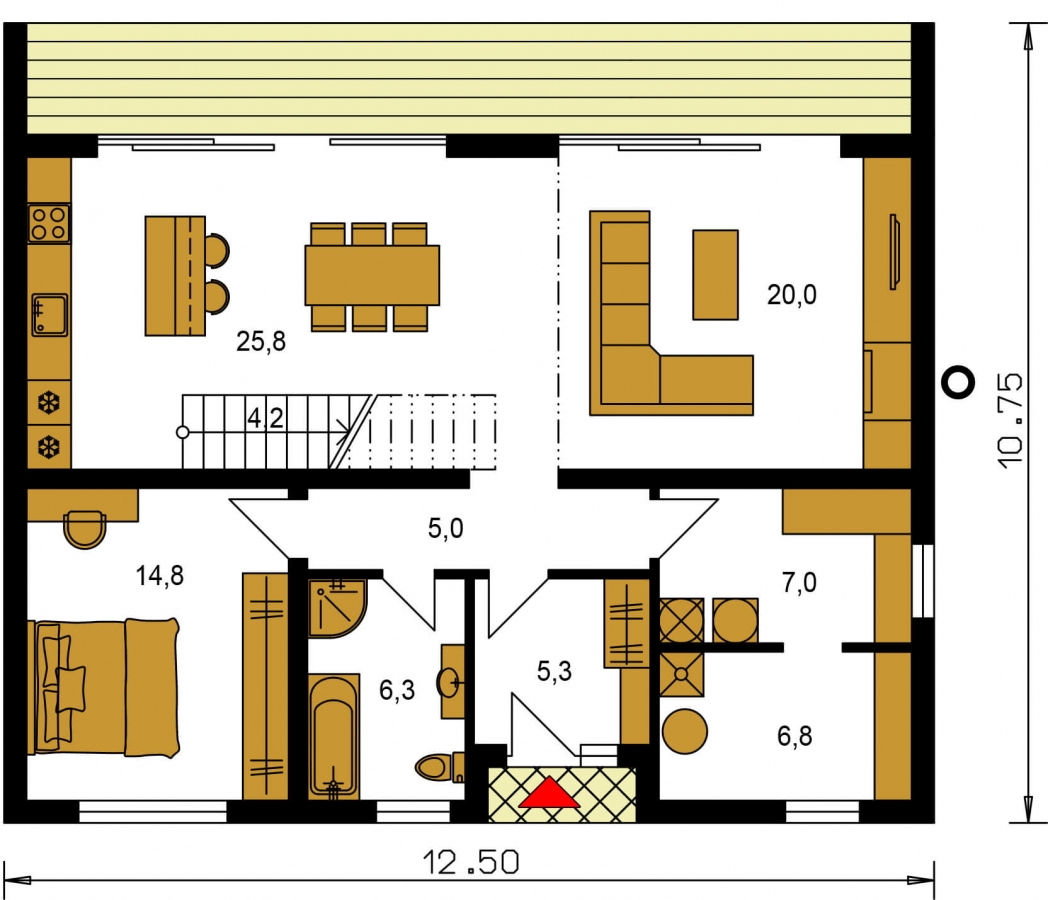 Pôdorys Prízemia - Moderný 4 izbový rodinný dom s množstvom úložného priestoru, spálňou na prízemí a priestrannou galériou.
