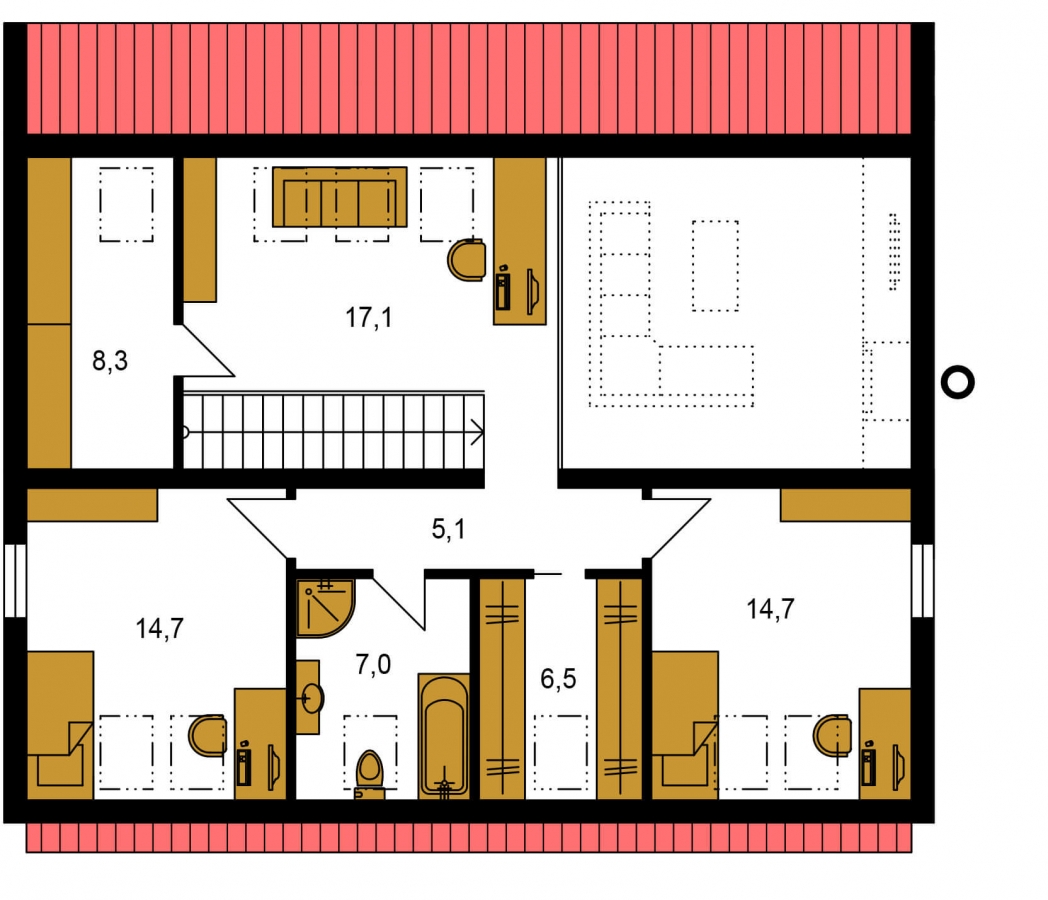 Pôdorys Poschodia - Moderný 4 izbový rodinný dom s množstvom úložného priestoru, spálňou na prízemí a priestrannou galériou.