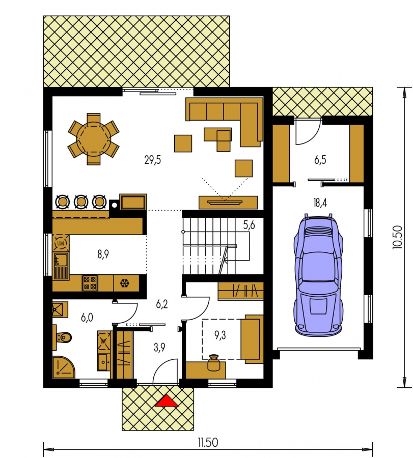 Pôdorys Prízemia - Rodinný dom s pristavanou garážou, pracovňou na prízemí, troma izbami na poschodí a krbom.