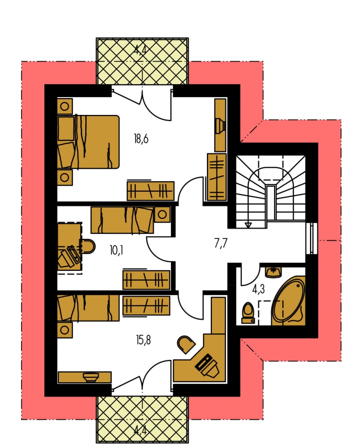 Pôdorys Poschodia - Klasický poschodový rodinný dom s bočným schodiskom.