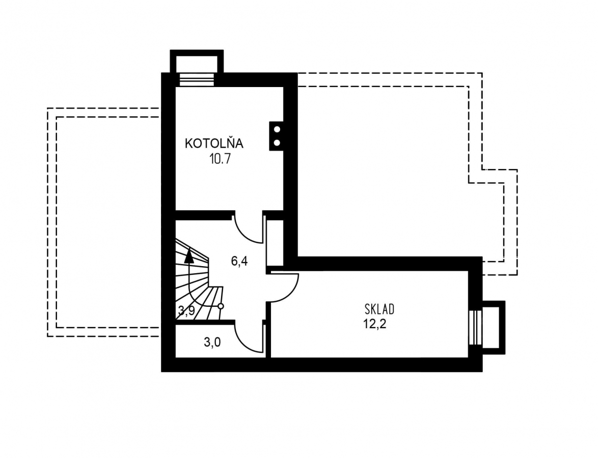 Pôdorys Suterénu - Poschodový dom so suterénom a izbou na prízemí.