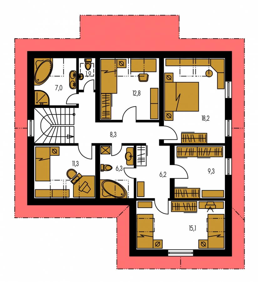 Pôdorys Poschodia - Veľký rodinný dom s garážou a izbou aj na prízemí.