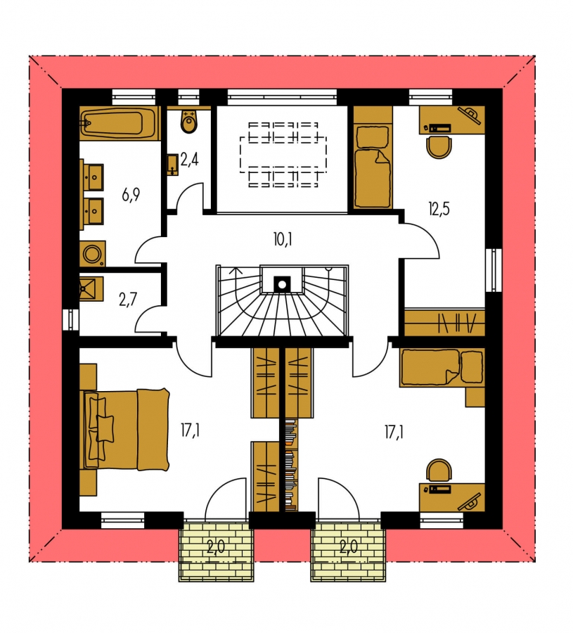 Pôdorys Poschodia - Klasický poschodový rodinný dom s galériou a izbou na prízemí.