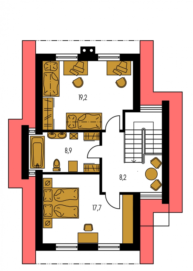Pôdorys Poschodia - Poschodový dom na úzky pozemok so sedlovou strechou.