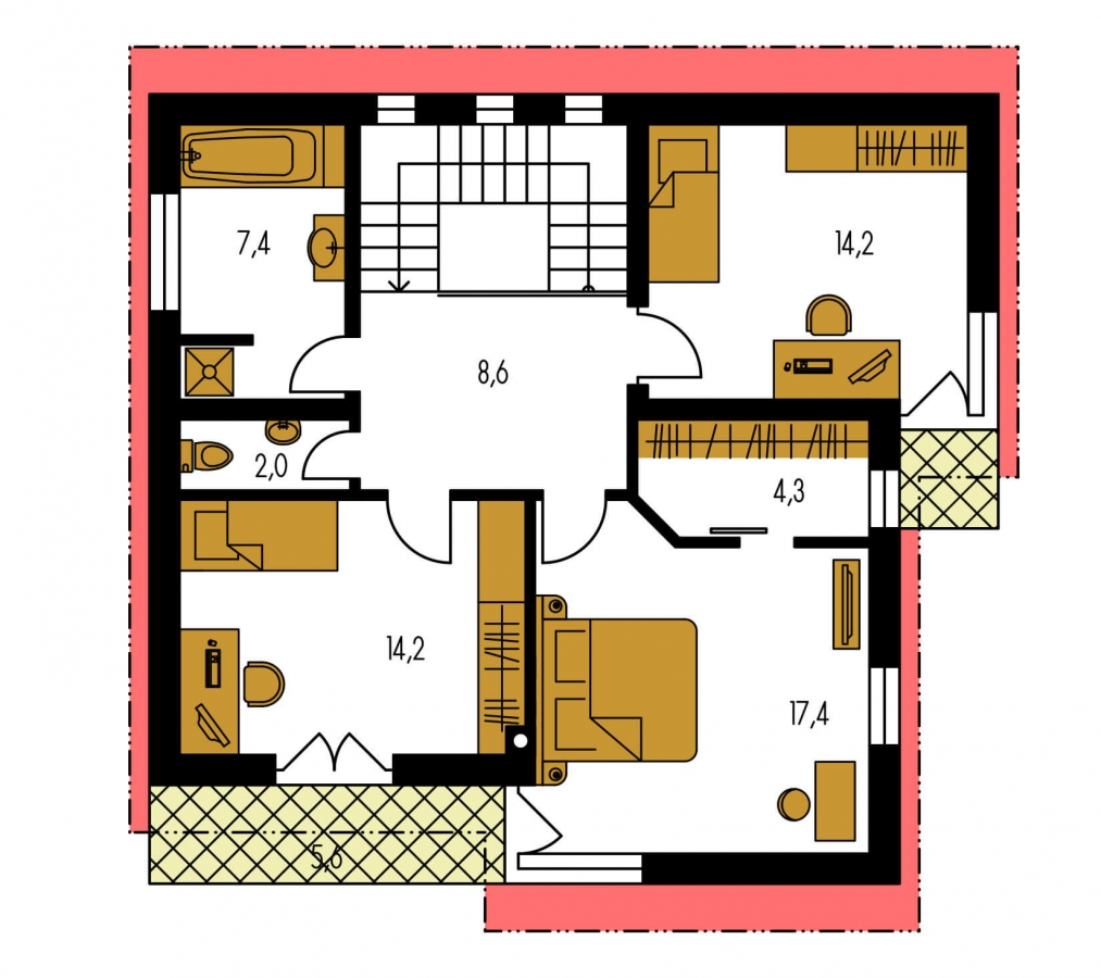 Pôdorys Poschodia - Moderný poschodový dom s pultovými strechami a izbou na prízemí.