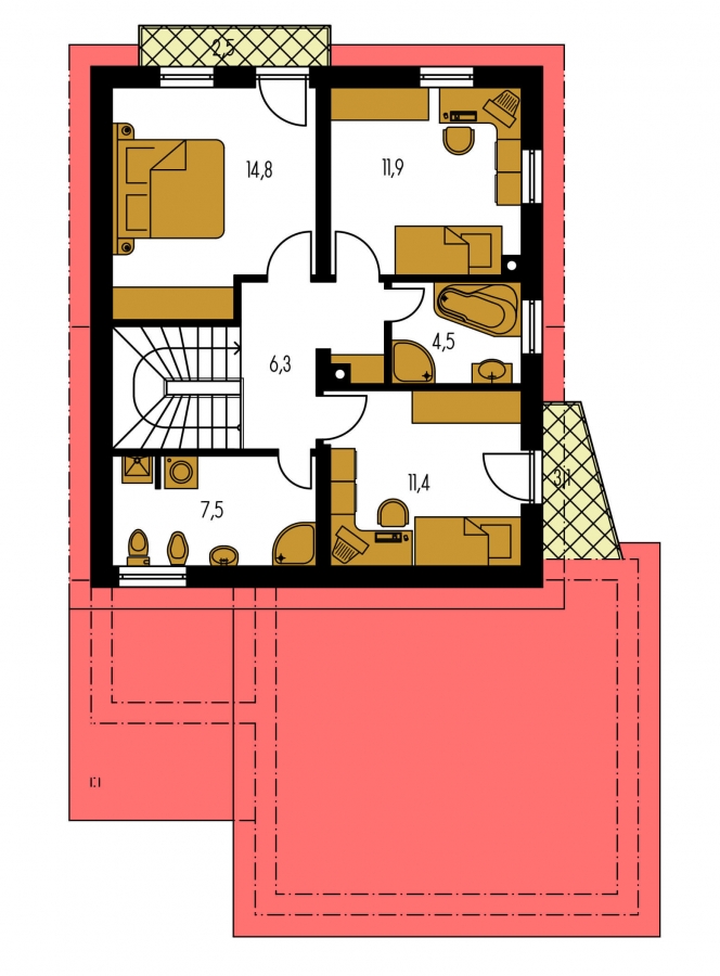 Pôdorys Poschodia - Moderný podkrovný rodinný dom s dvojgarážou.