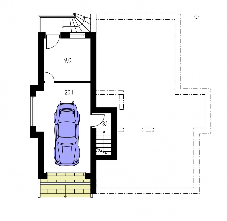 Pôdorys Suterénu - Poschodový rodinný dom so suterénom a s izbami na prízemí. 