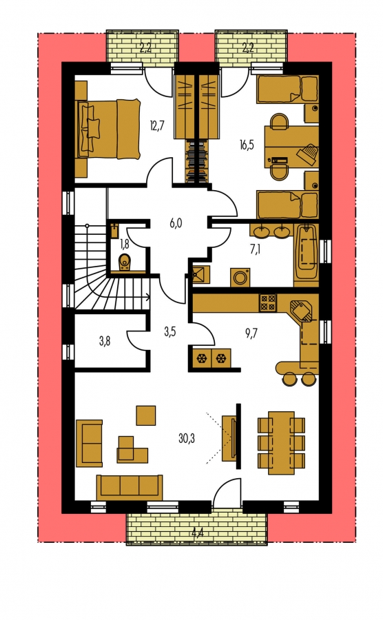 Pôdorys Poschodia - Dvojgeneračný rodinný dom na úzky pozemok so sedlovou strechou.