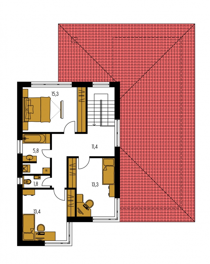 Pôdorys Poschodia - Moderný poschodový dom s garážou a izbou na prízemí.