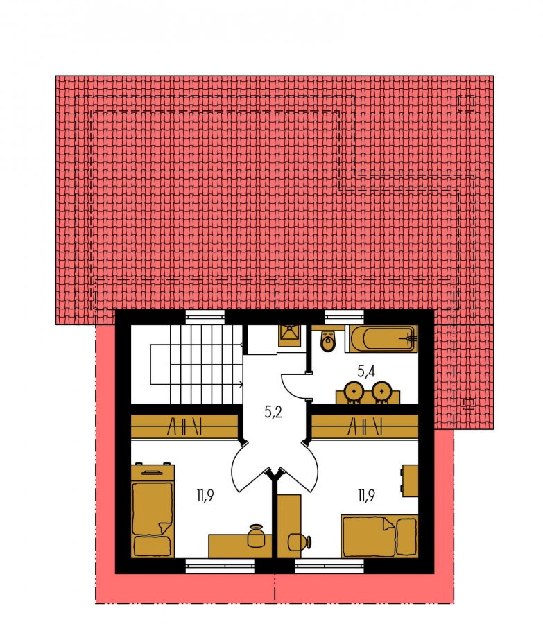 Pôdorys Poschodia - Moderný rodinný dom s prízemnou obývačkou a kuchynskou časťou.