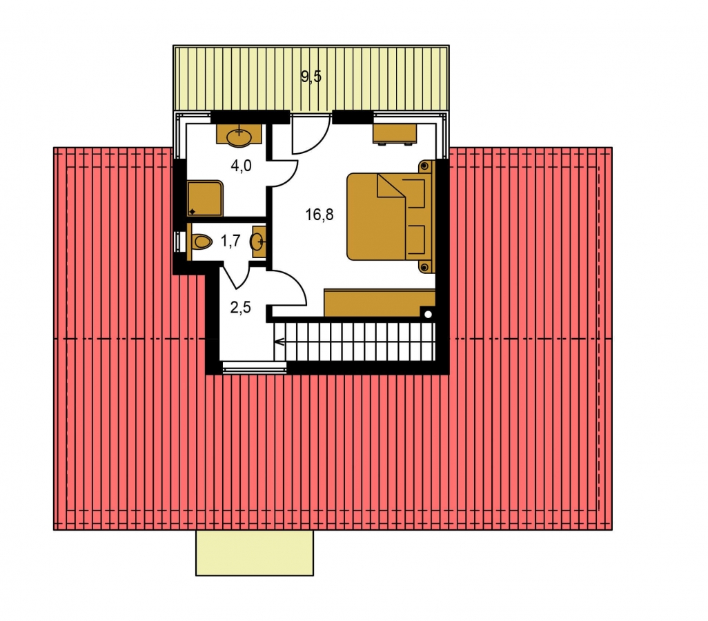 Pôdorys Poschodia - Poschodový moderný dom s plochou a sedlovou strechou.